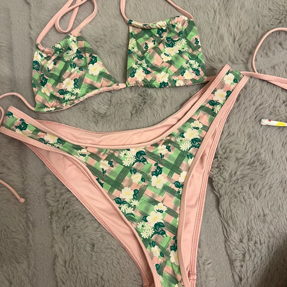 Frankie's Bikinis Pink and Green Floral Two-Piece Bikini